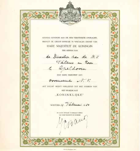 Distinction "Royal" par la reine des Pays Bas en 1949